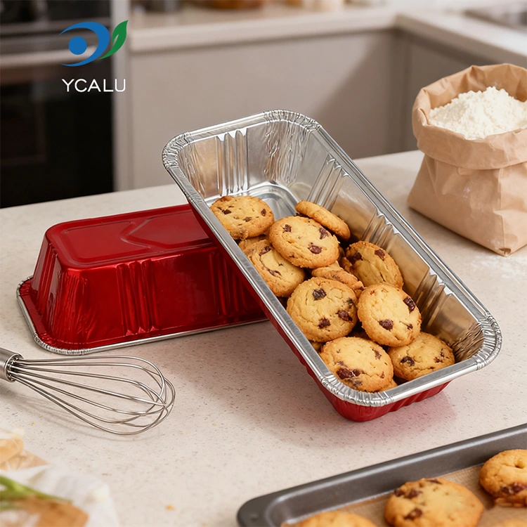 Contenitori rettangolari in foglio di alluminio color argento per panetteria rossa