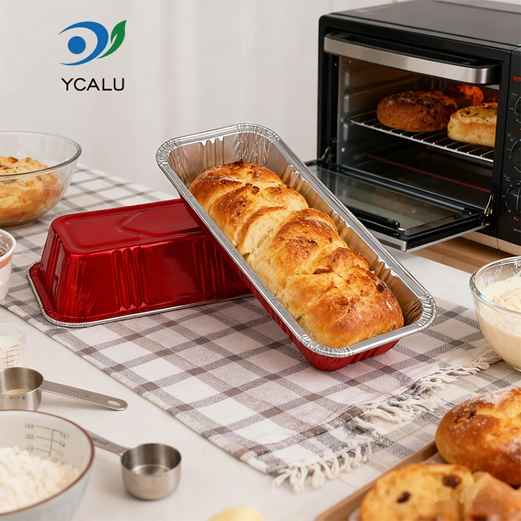 Contenitori rettangolari in foglio di alluminio color argento per panetteria rossa